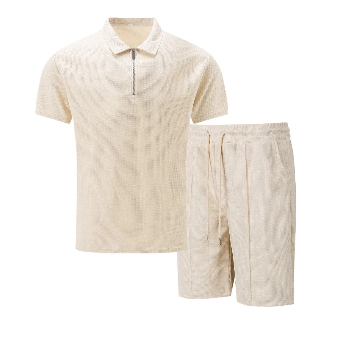 2026 Men Europe and the United States new summer Waffle solid color zip-up lapel short-sleeve suit shorts two sets thumbnail 2