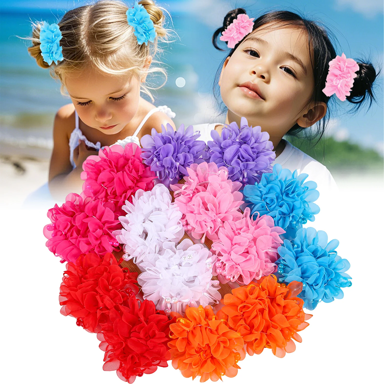 2/7pcs Girls Flower Hair Ties Ponytail Holder Elastic Hair Bands Kids Hair Accessories Chiffon Floral Hair Tie Children Headwear