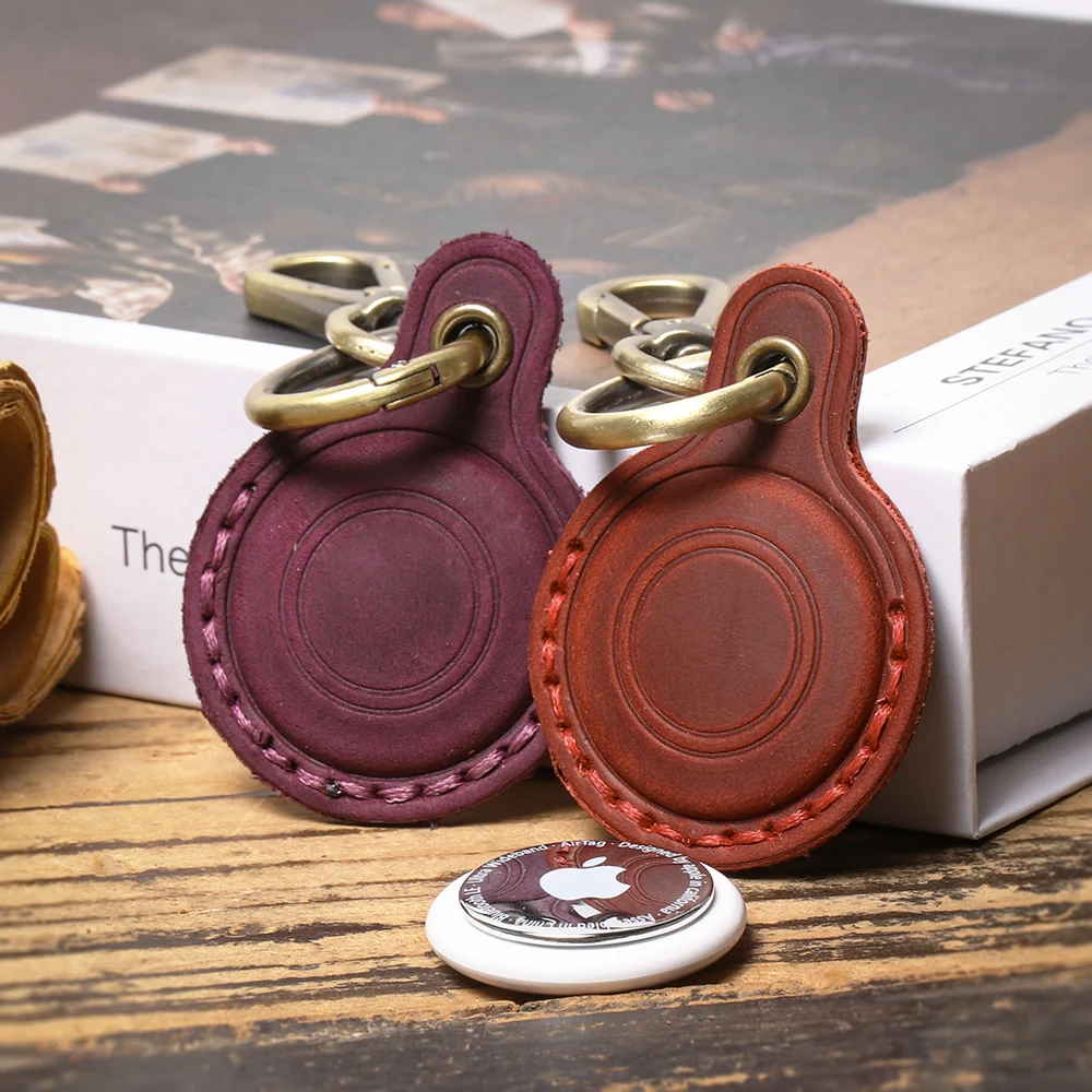 LUOKIRLeather Protective Case For Apple AirTag Cowhide Access Card Holder Crazy Horse Leather Pet Anti-Loss Tracking Device Case thumbnail 2