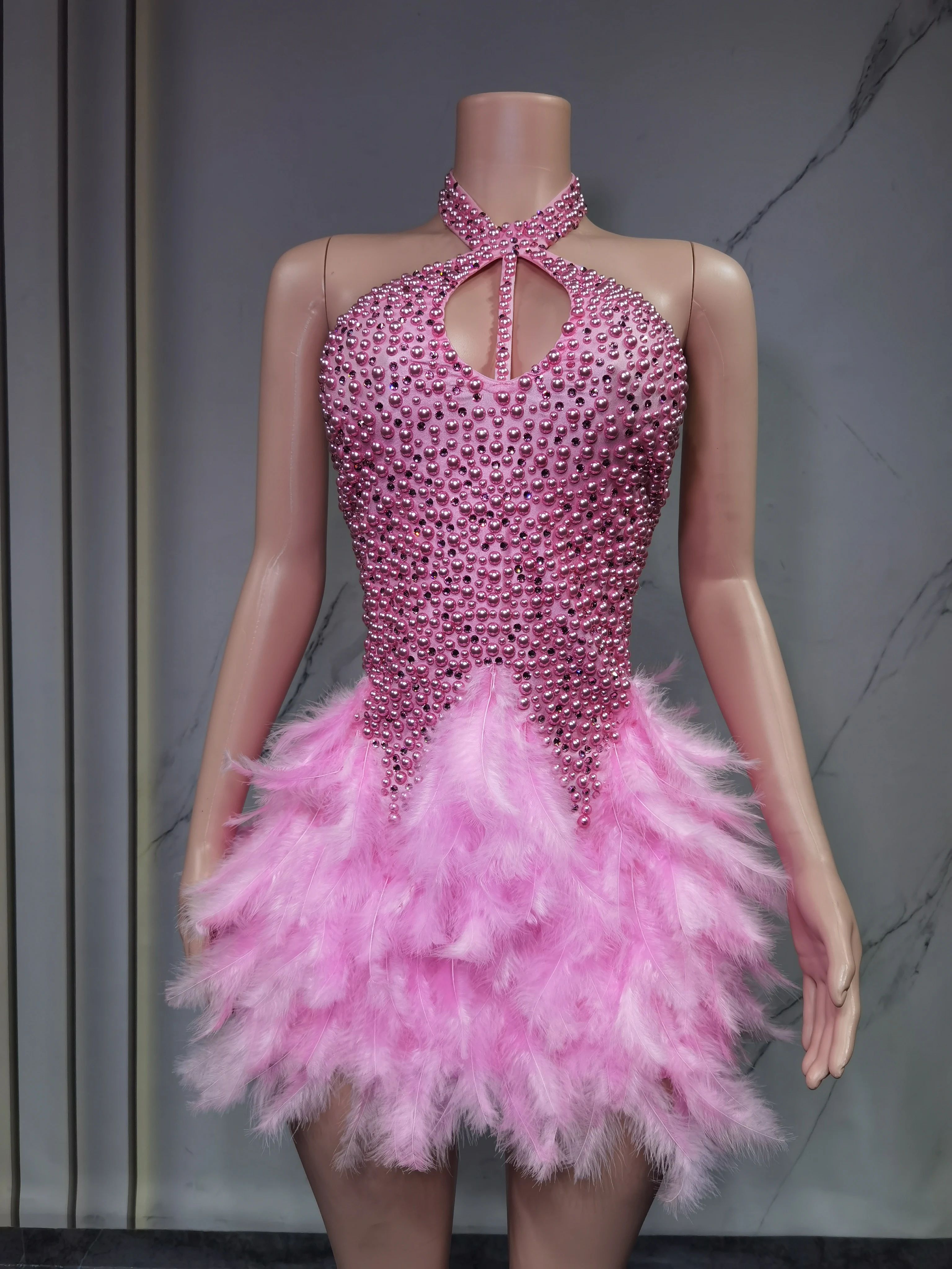 Fashion 2025new sexy Latin dance dress with airy hollow design, feather skirt hanging neck skirt thumbnail 2