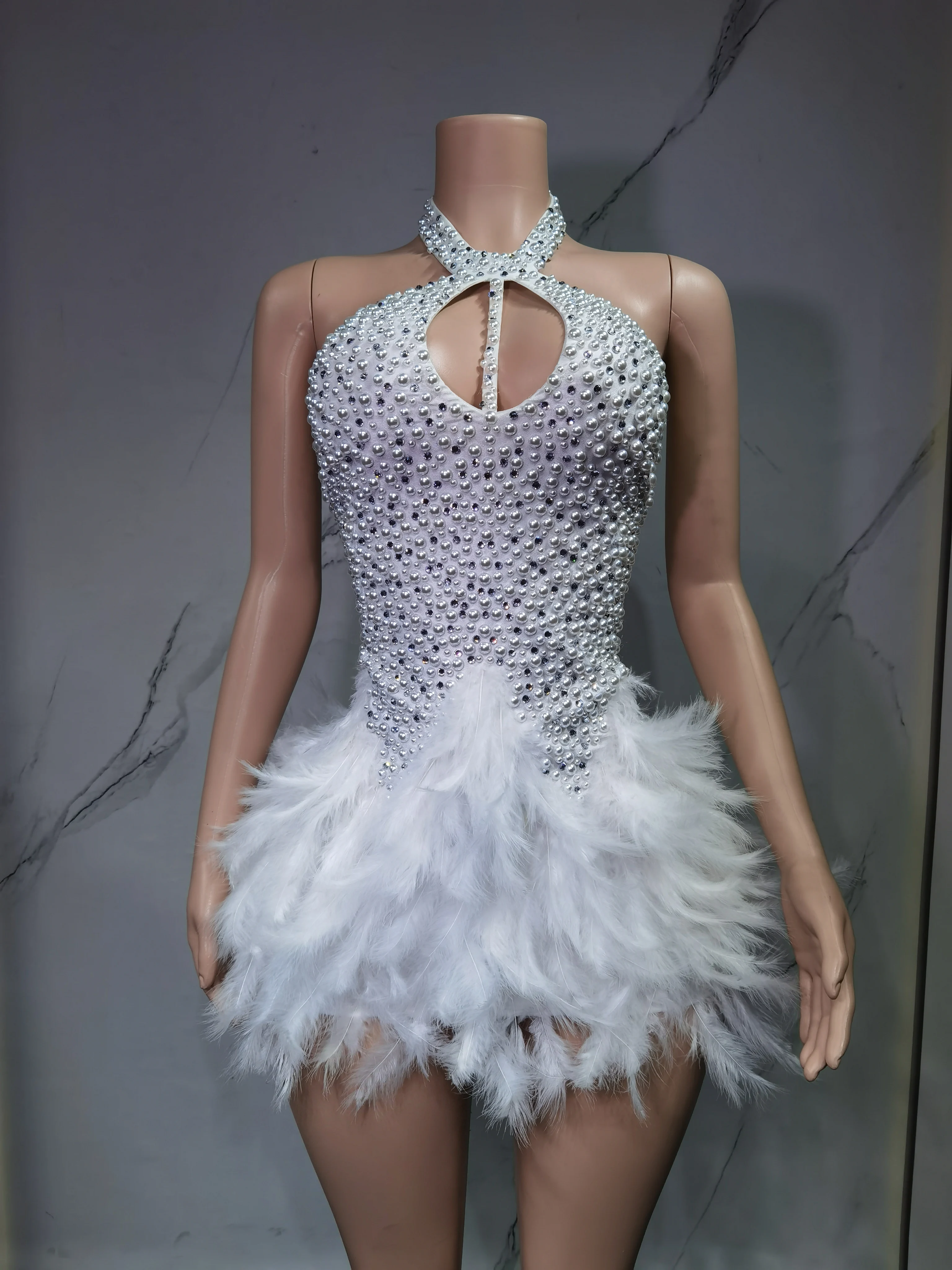 Fashion 2025new sexy Latin dance dress with airy hollow design, feather skirt hanging neck skirt thumbnail 3