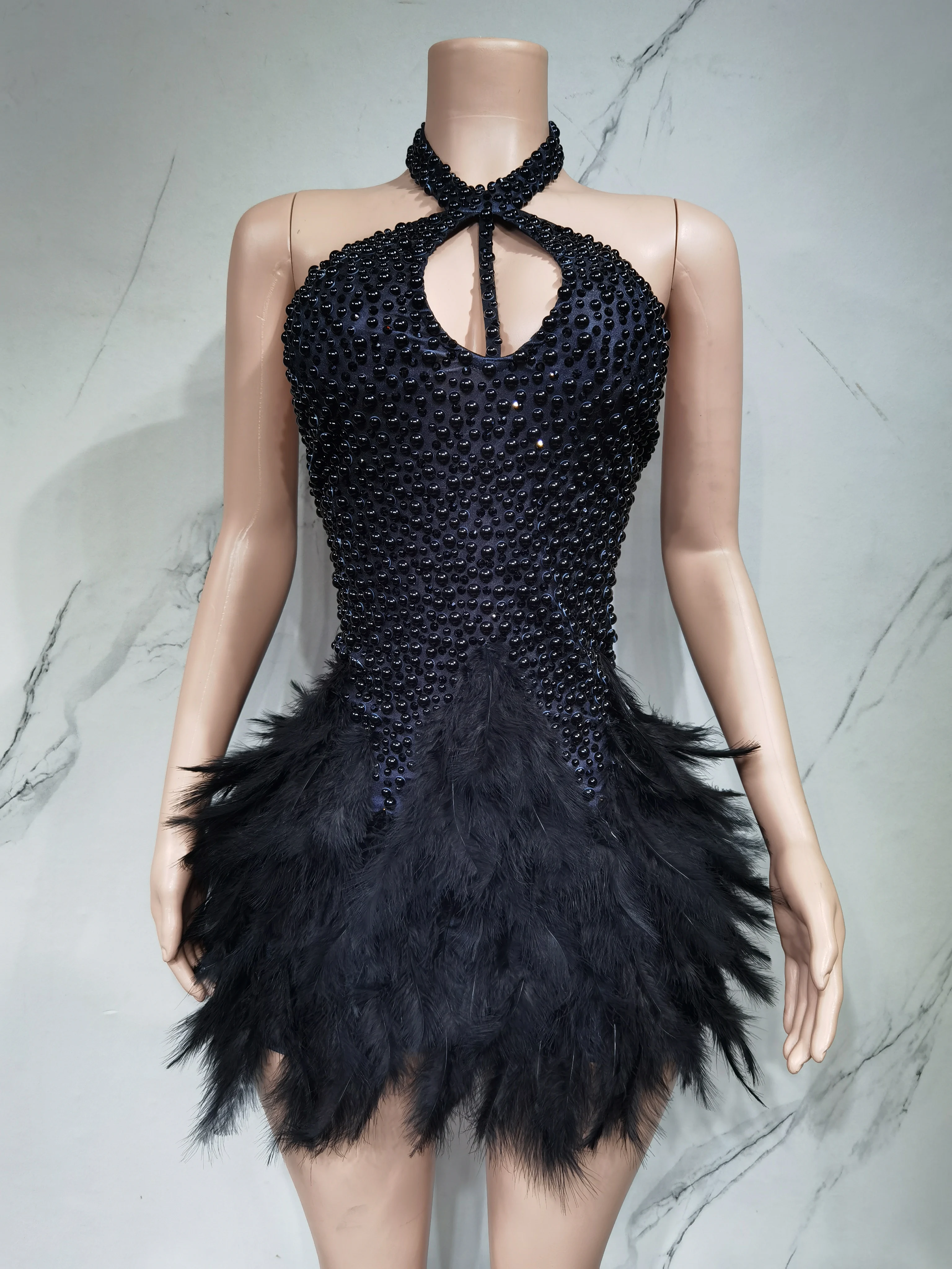 Fashion 2025new sexy Latin dance dress with airy hollow design, feather skirt hanging neck skirt thumbnail 5