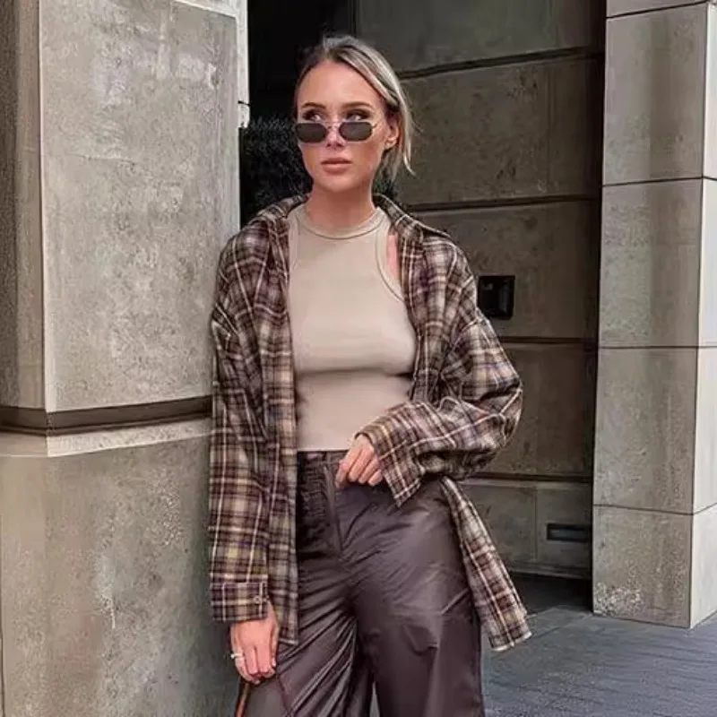 Casual Plaid Shirt Woman Loose Autumn Winter Lapel Buttons Women's Coat Full Sleeve Cozy Vintage Khaki Tops Female Streetwear thumbnail 3