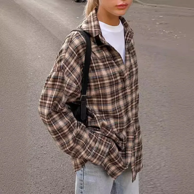 Casual Plaid Shirt Woman Loose Autumn Winter Lapel Buttons Women's Coat Full Sleeve Cozy Vintage Khaki Tops Female Streetwear thumbnail 2