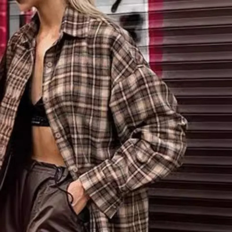 Casual Plaid Shirt Woman Loose Autumn Winter Lapel Buttons Women's Coat Full Sleeve Cozy Vintage Khaki Tops Female Streetwear thumbnail 4