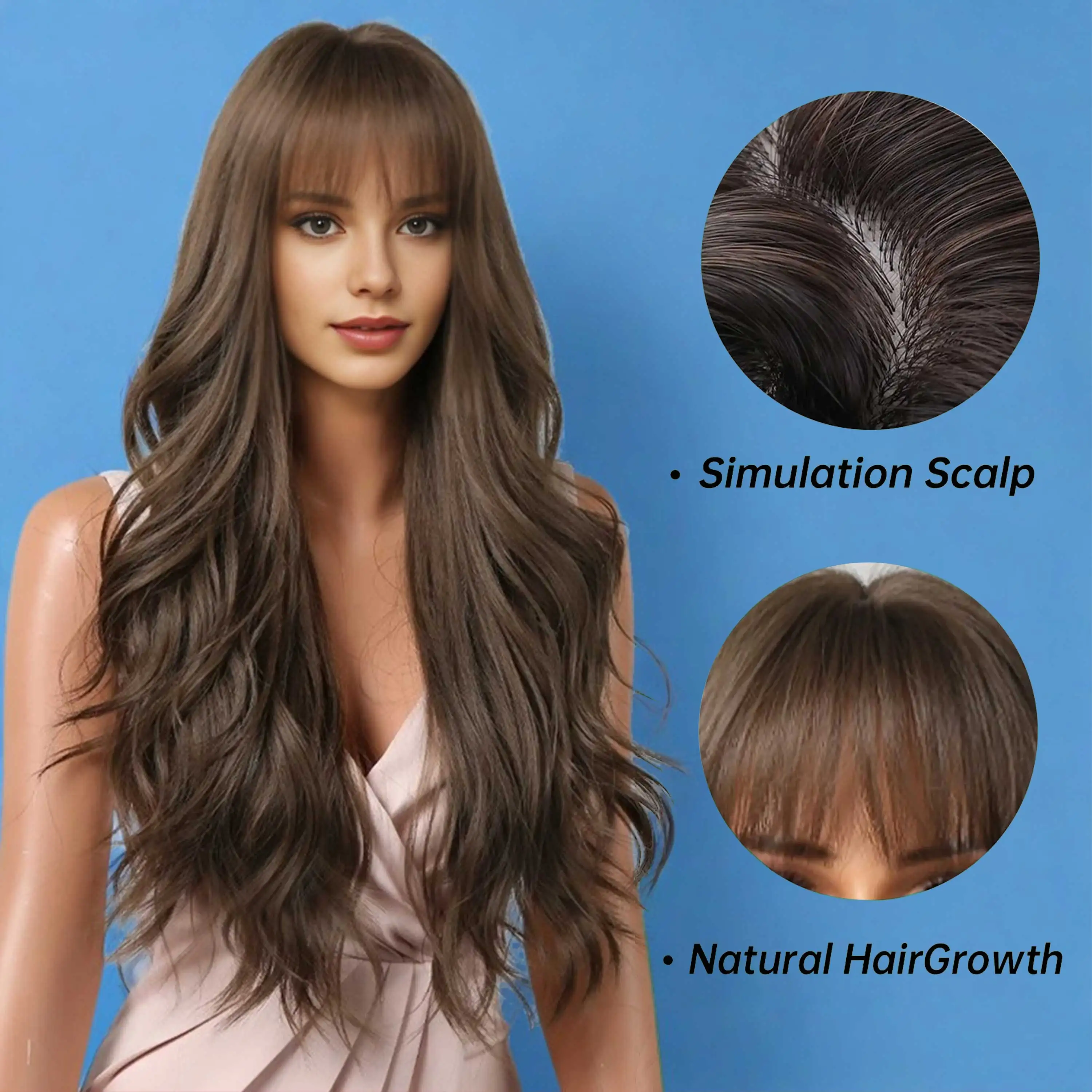 Brown Wavy Wigs for Women with Bangs Long Natural Synthetic Hair Wig Daily Cosplay Heat Resistant Lace Front Wigs thumbnail 4