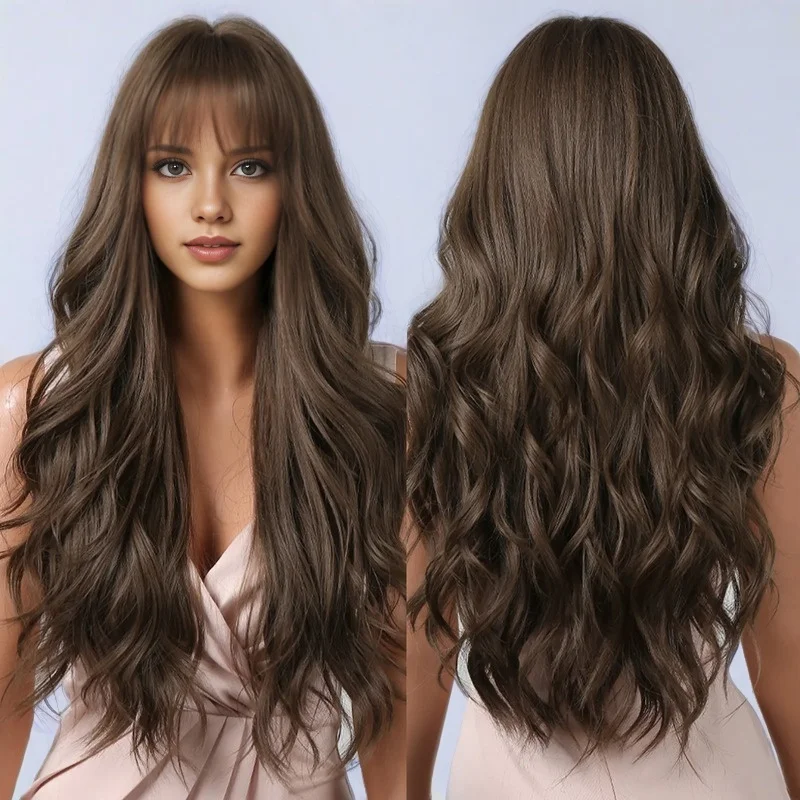 Brown Wavy Wigs for Women with Bangs Long Natural Synthetic Hair Wig Daily Cosplay Heat Resistant Lace Front Wigs
