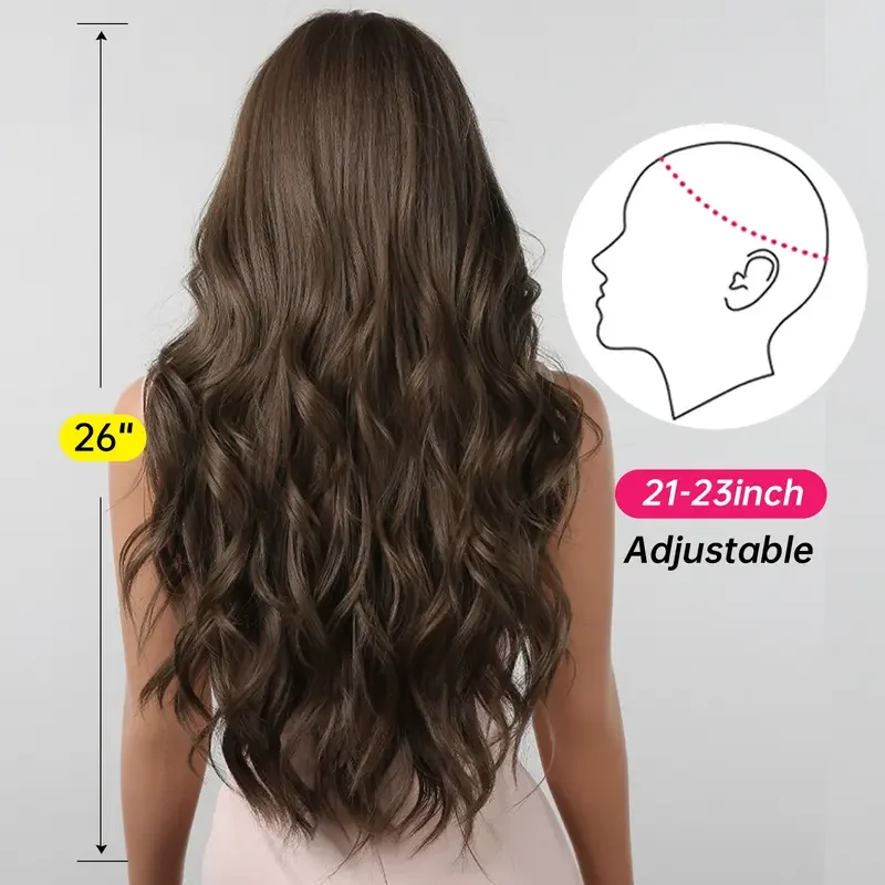 Brown Wavy Wigs for Women with Bangs Long Natural Synthetic Hair Wig Daily Cosplay Heat Resistant Lace Front Wigs thumbnail 2