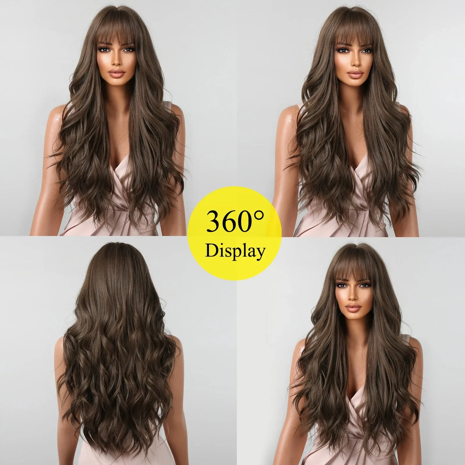 Brown Wavy Wigs for Women with Bangs Long Natural Synthetic Hair Wig Daily Cosplay Heat Resistant Lace Front Wigs thumbnail 6