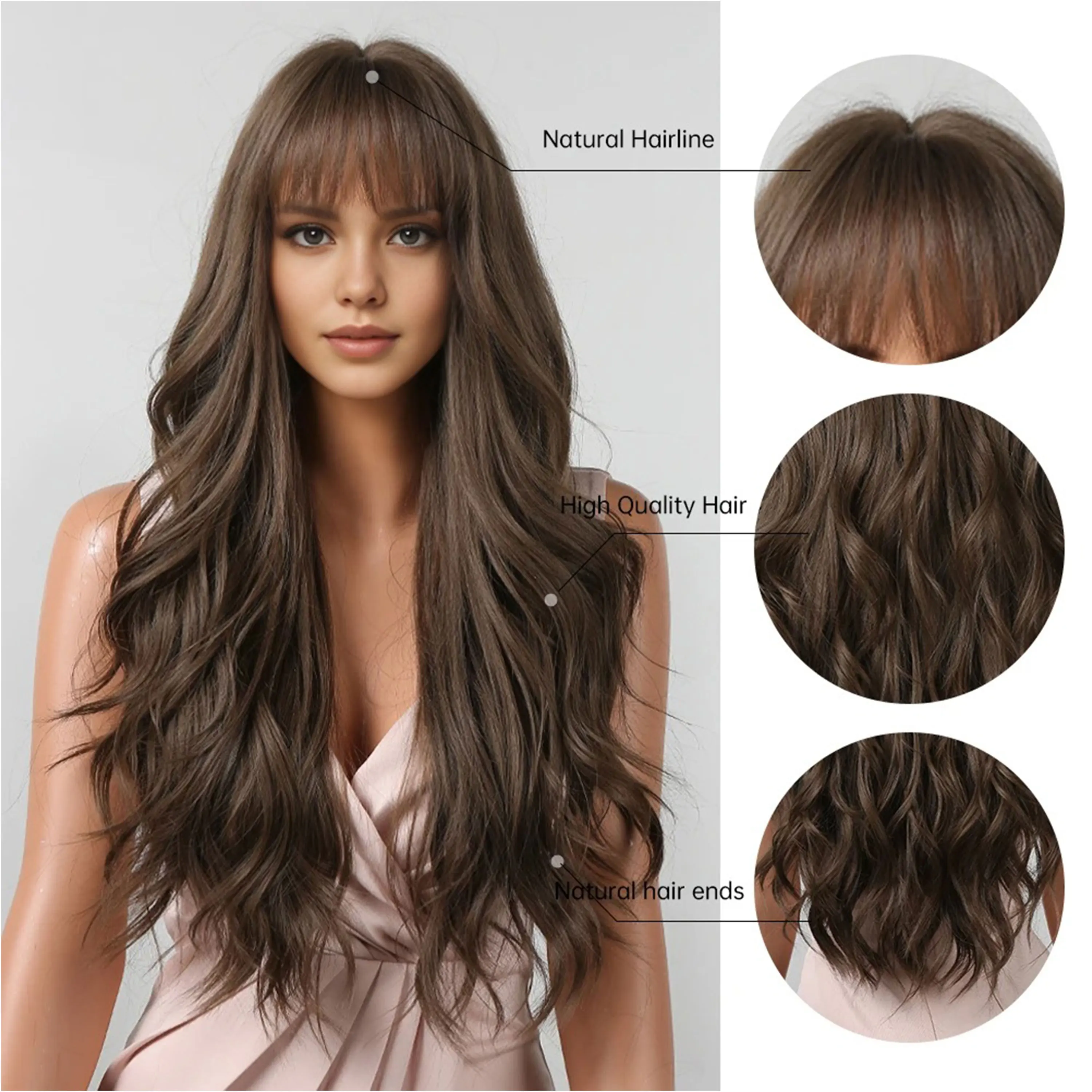 Brown Wavy Wigs for Women with Bangs Long Natural Synthetic Hair Wig Daily Cosplay Heat Resistant Lace Front Wigs thumbnail 5