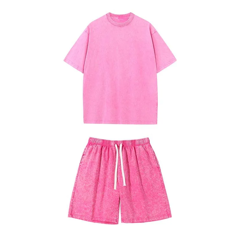 Washed and aged short-sleeved T-shirt and shorts set. Unisex. European size. Stir-fried snowflake design. Summer top set. thumbnail 5