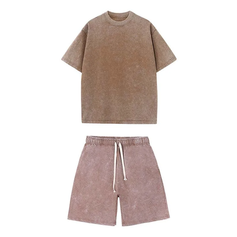 Washed and aged short-sleeved T-shirt and shorts set. Unisex. European size. Stir-fried snowflake design. Summer top set. thumbnail 2