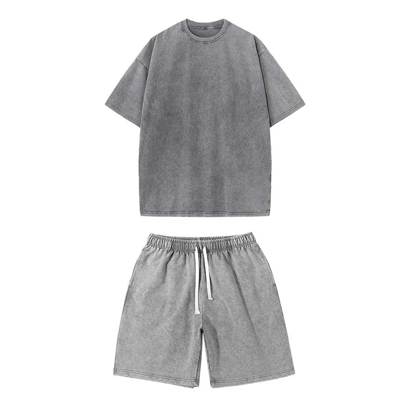 Washed and aged short-sleeved T-shirt and shorts set. Unisex. European size. Stir-fried snowflake design. Summer top set. thumbnail 4