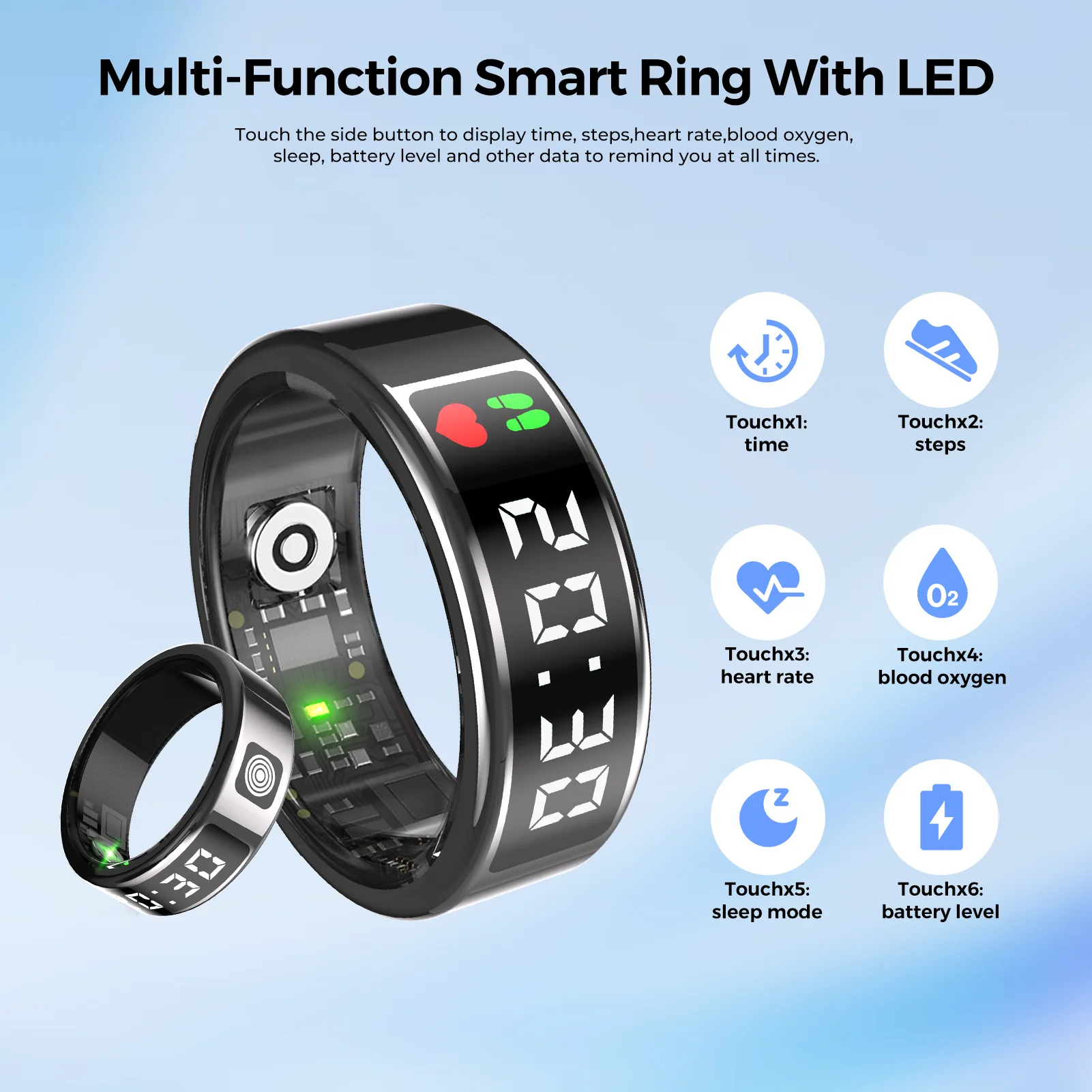 LED Display Screen Smart Ring for Heart Rate Oxygen Sleep Monitoring Multi Sports Modes Waterproof Bluetooth Women Healthy Rings thumbnail 5