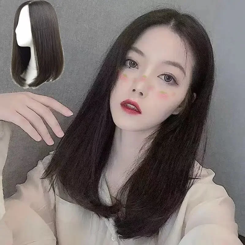 Trendy Women's Long Straight Hair Wig Inner Buckle Bob Pear Flower Head round Face Shaping Shoulder Length Straight Hair Skeleto thumbnail 3
