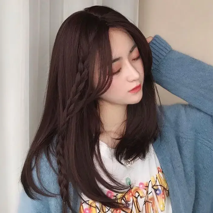 Trendy Women's Long Straight Hair Wig Inner Buckle Bob Pear Flower Head round Face Shaping Shoulder Length Straight Hair Skeleto thumbnail 2