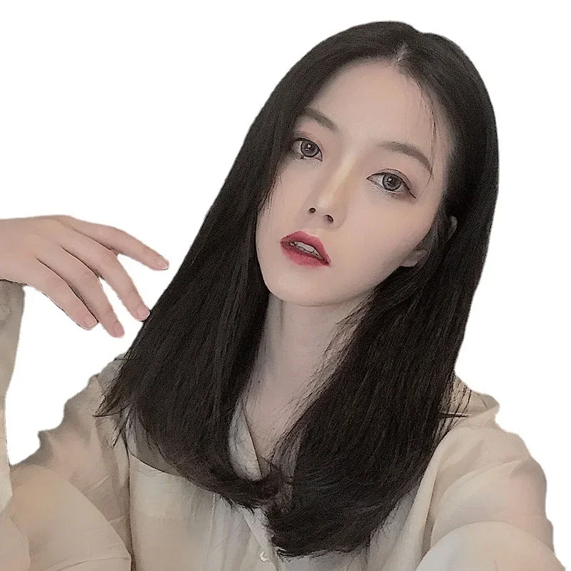 Trendy Women's Long Straight Hair Wig Inner Buckle Bob Pear Flower Head round Face Shaping Shoulder Length Straight Hair Skeleto thumbnail 4