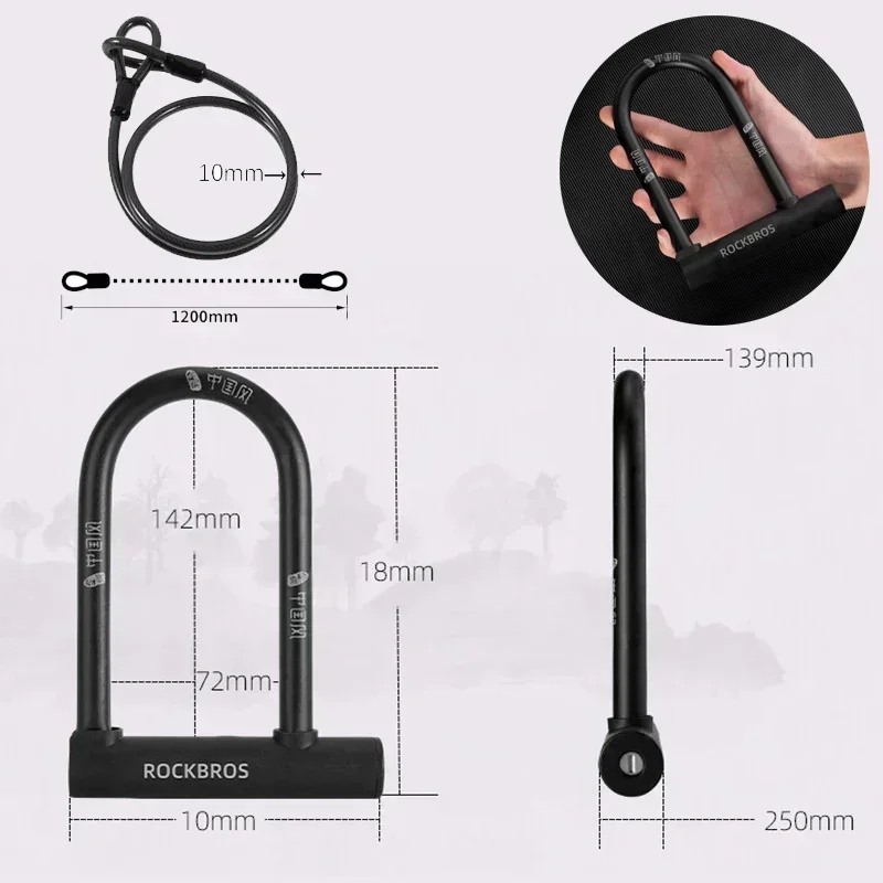 ROCKBROS Chinese Style Bicycle Locks U Shape Electric Scooter Padlock Anti-theft Bike Lock Cable Set MTB Road Bike Accessories thumbnail 6