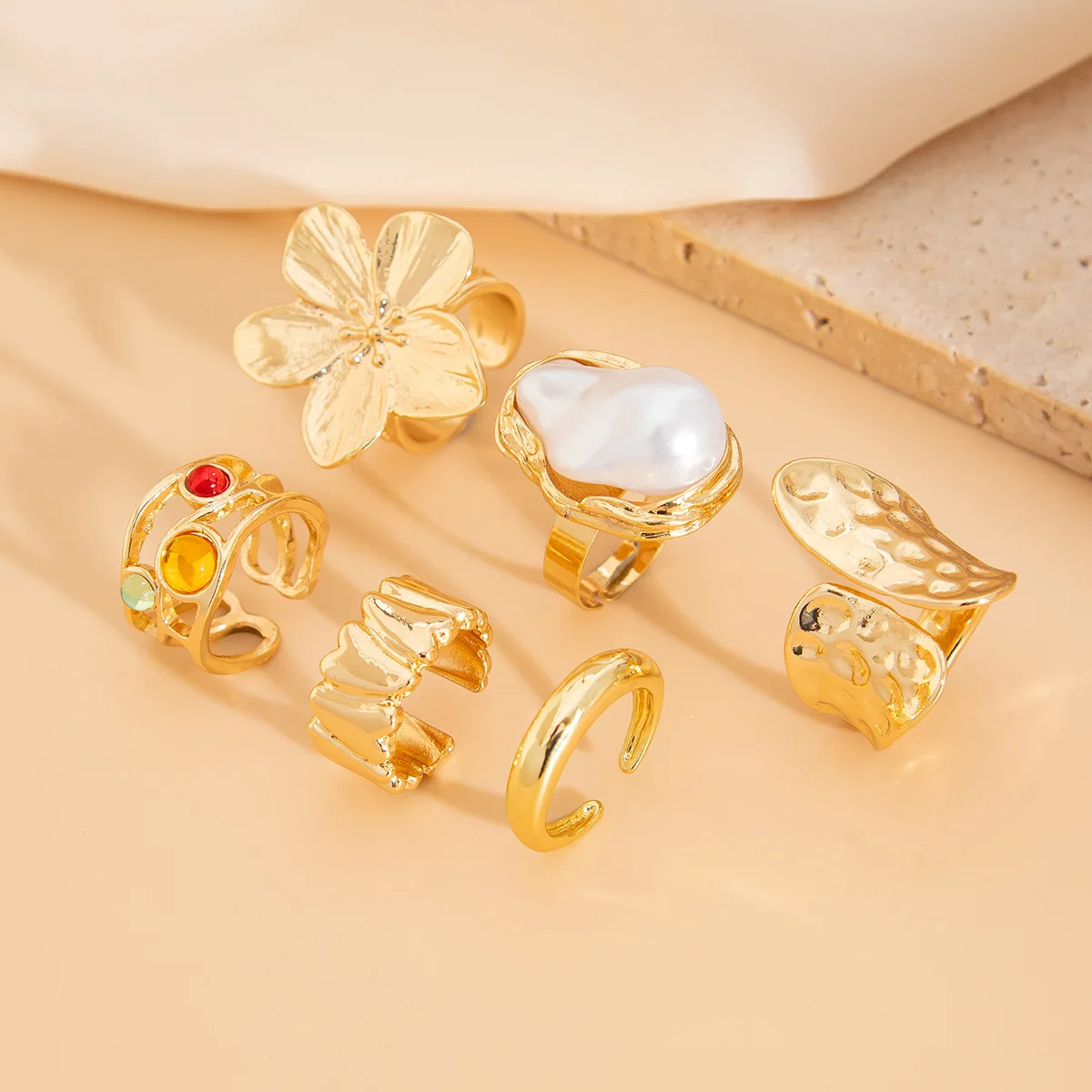 6pcs Set Shiny Fashion Personalized Geometric Floral Colorful Gemstone Pearl Rings Set, Women Everyday Jewelry thumbnail 4
