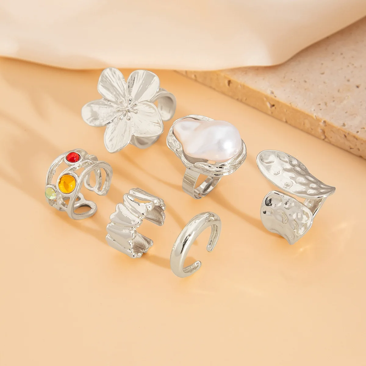 6pcs Set Shiny Fashion Personalized Geometric Floral Colorful Gemstone Pearl Rings Set, Women Everyday Jewelry thumbnail 5
