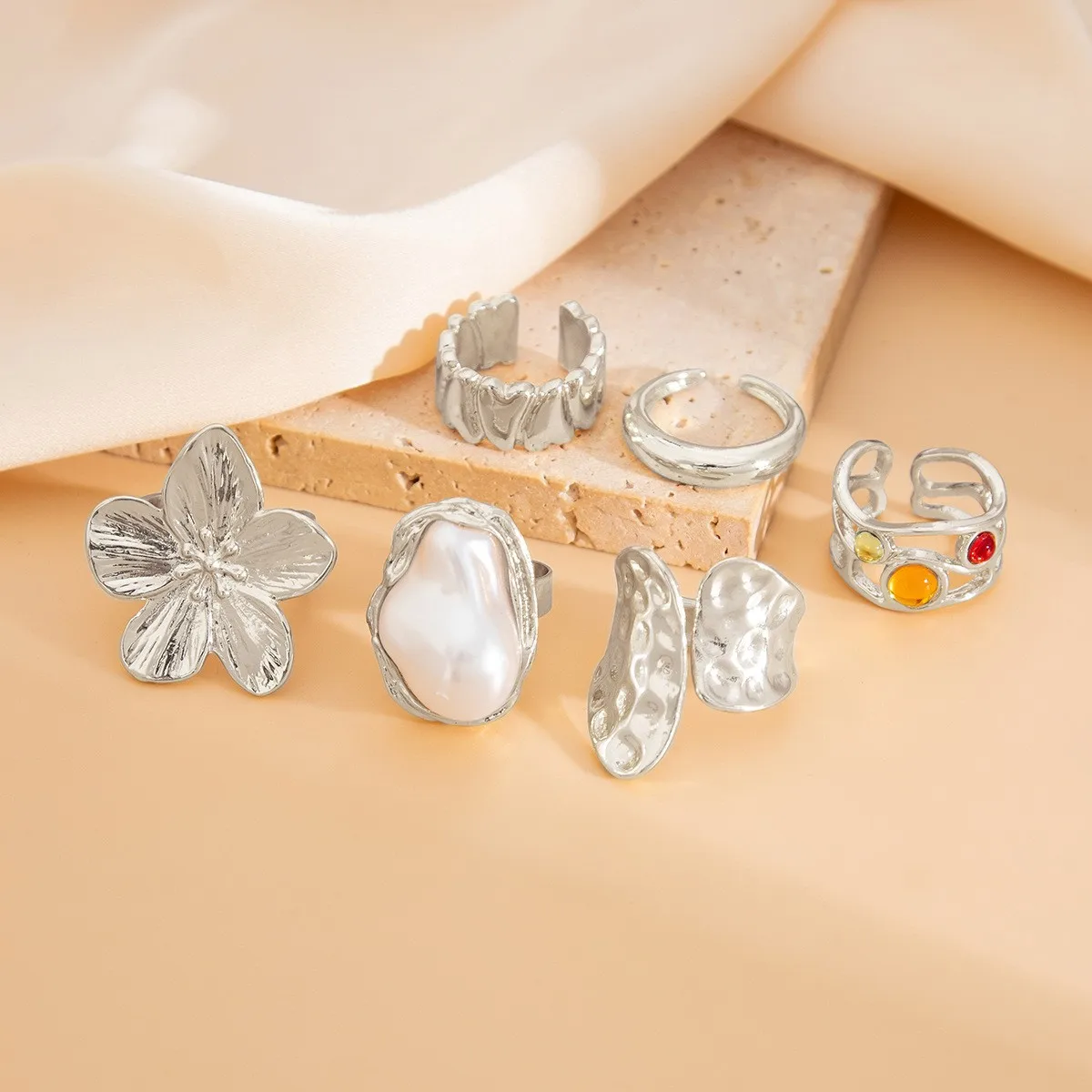6pcs Set Shiny Fashion Personalized Geometric Floral Colorful Gemstone Pearl Rings Set, Women Everyday Jewelry thumbnail 6