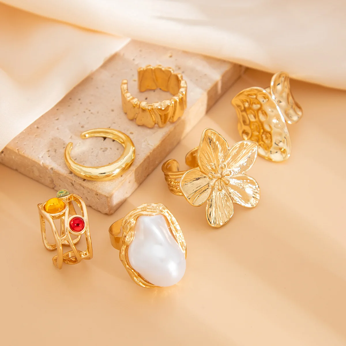 6pcs Set Shiny Fashion Personalized Geometric Floral Colorful Gemstone Pearl Rings Set, Women Everyday Jewelry thumbnail 3