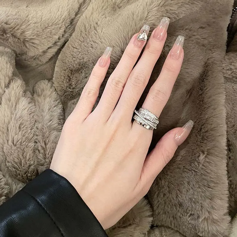 Korea Gold Color Multilayer Wide Open Rings For Women Luxury Shiny Zircon Cross Adjustable Finger Ring Wedding Jewelry Gift thumbnail 4