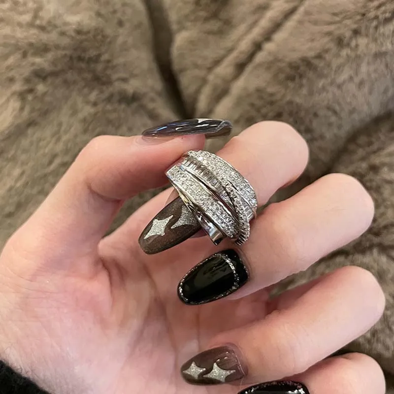 Korea Gold Color Multilayer Wide Open Rings For Women Luxury Shiny Zircon Cross Adjustable Finger Ring Wedding Jewelry Gift thumbnail 2