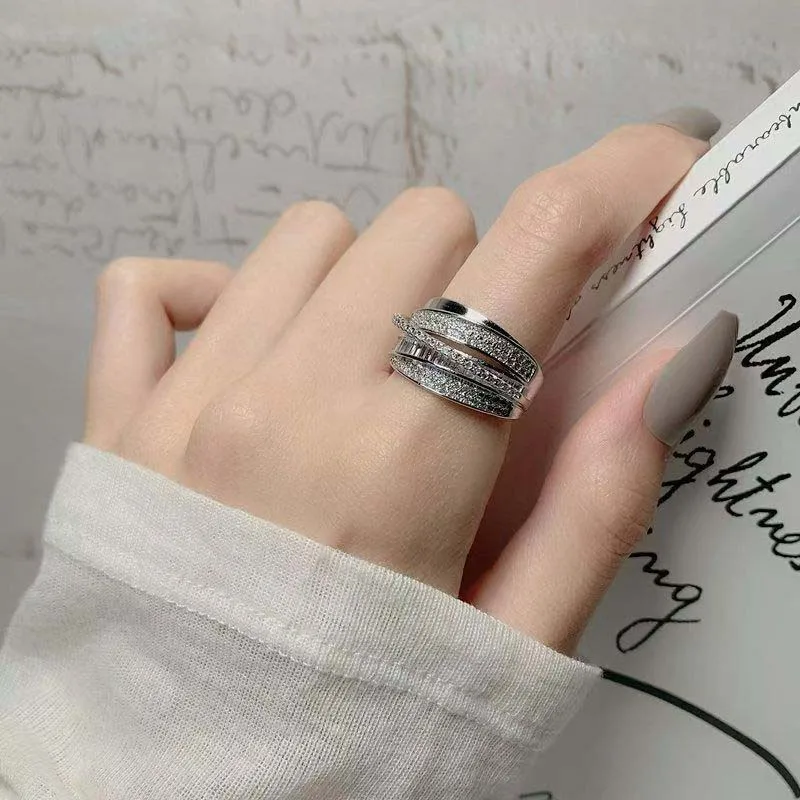 Korea Gold Color Multilayer Wide Open Rings For Women Luxury Shiny Zircon Cross Adjustable Finger Ring Wedding Jewelry Gift thumbnail 3