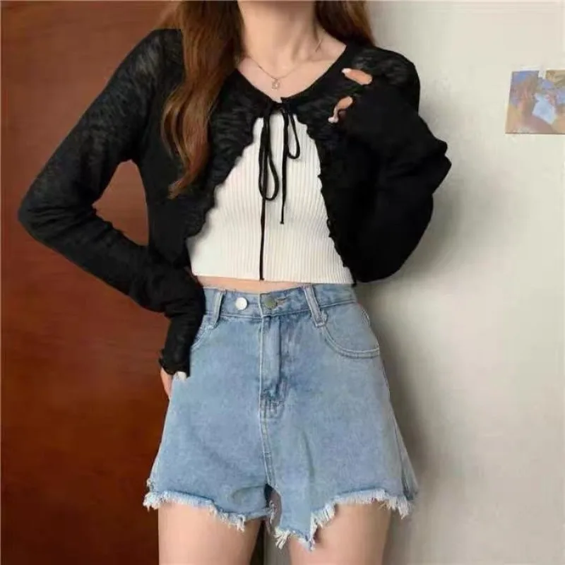 Summer Women Thin Sunscreen Cardigan Lace-up Knitwear Tops Female Korean Style Lantern Sleeve Short Coat Casual Sun Protected thumbnail 2
