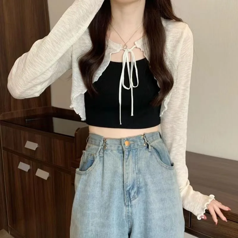 Summer Women Thin Sunscreen Cardigan Lace-up Knitwear Tops Female Korean Style Lantern Sleeve Short Coat Casual Sun Protected thumbnail 4