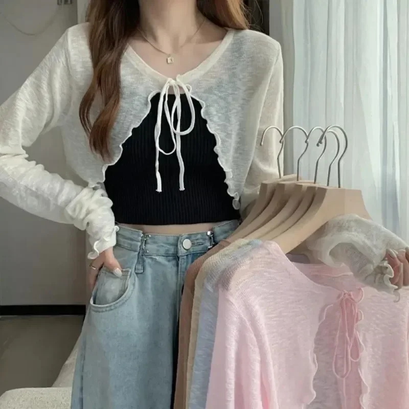 Summer Women Thin Sunscreen Cardigan Lace-up Knitwear Tops Female Korean Style Lantern Sleeve Short Coat Casual Sun Protected thumbnail 3