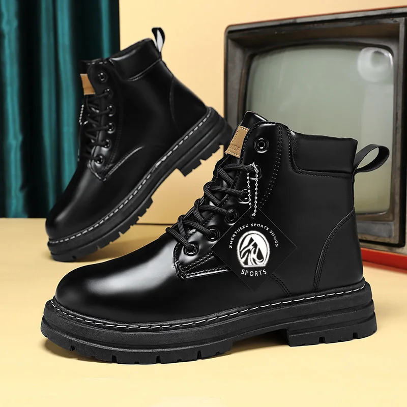 High Top Boots Men's Leather Shoes Fashion Motorcycle Men's Ankle Boots Winter Boot Lace Up Botas Hombre Cowboy Boots thumbnail 4