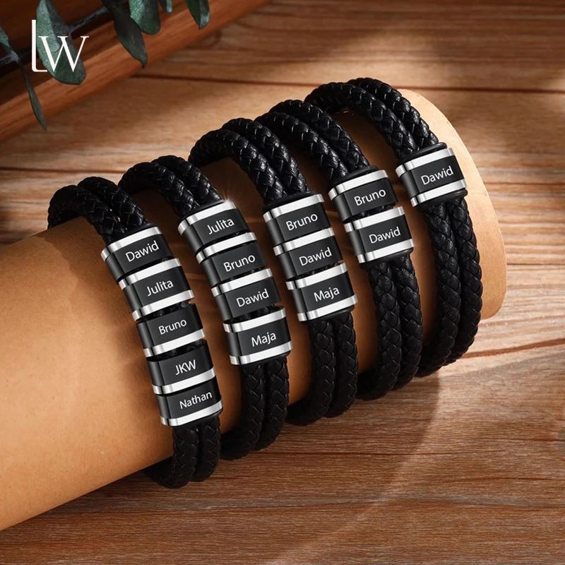 Custom Name Bracelets for Men Personalized Leather Bracelet with 1-5 Family Names Customized Gifts Jewelry for Dad Husband Son