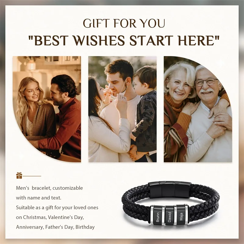 Custom Name Bracelets for Men Personalized Leather Bracelet with 1-5 Family Names Customized Gifts Jewelry for Dad Husband Son thumbnail 4