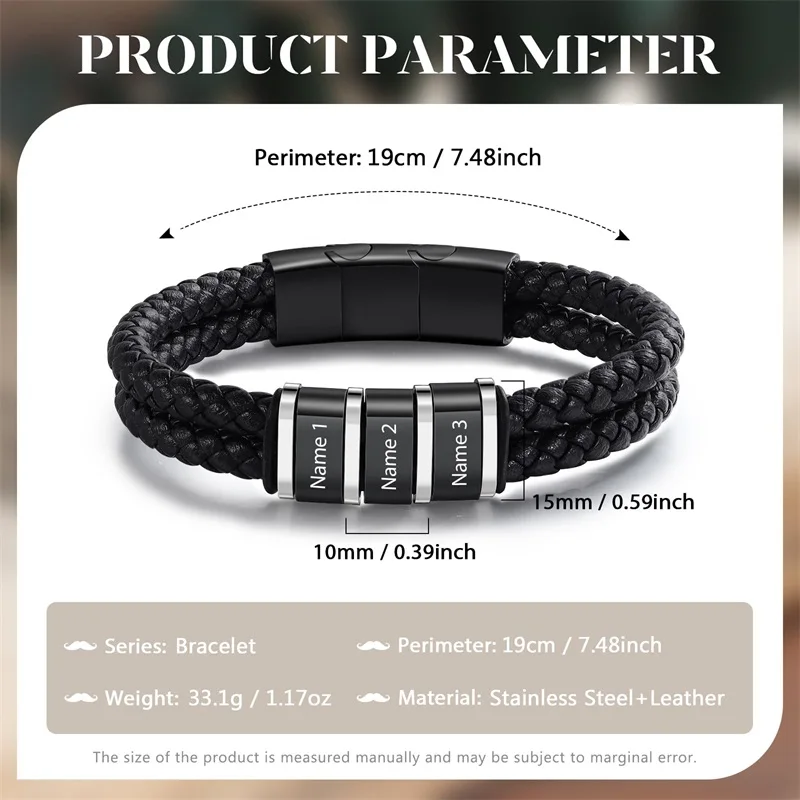 Custom Name Bracelets for Men Personalized Leather Bracelet with 1-5 Family Names Customized Gifts Jewelry for Dad Husband Son thumbnail 3