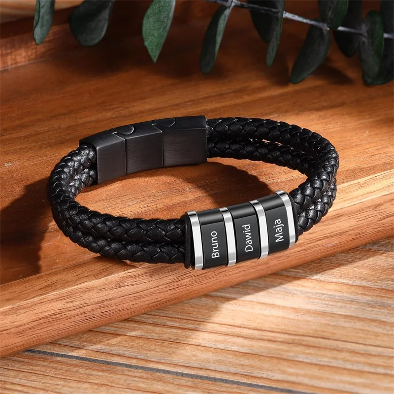 Custom Name Bracelets for Men Personalized Leather Bracelet with 1-5 Family Names Customized Gifts Jewelry for Dad Husband Son thumbnail 2