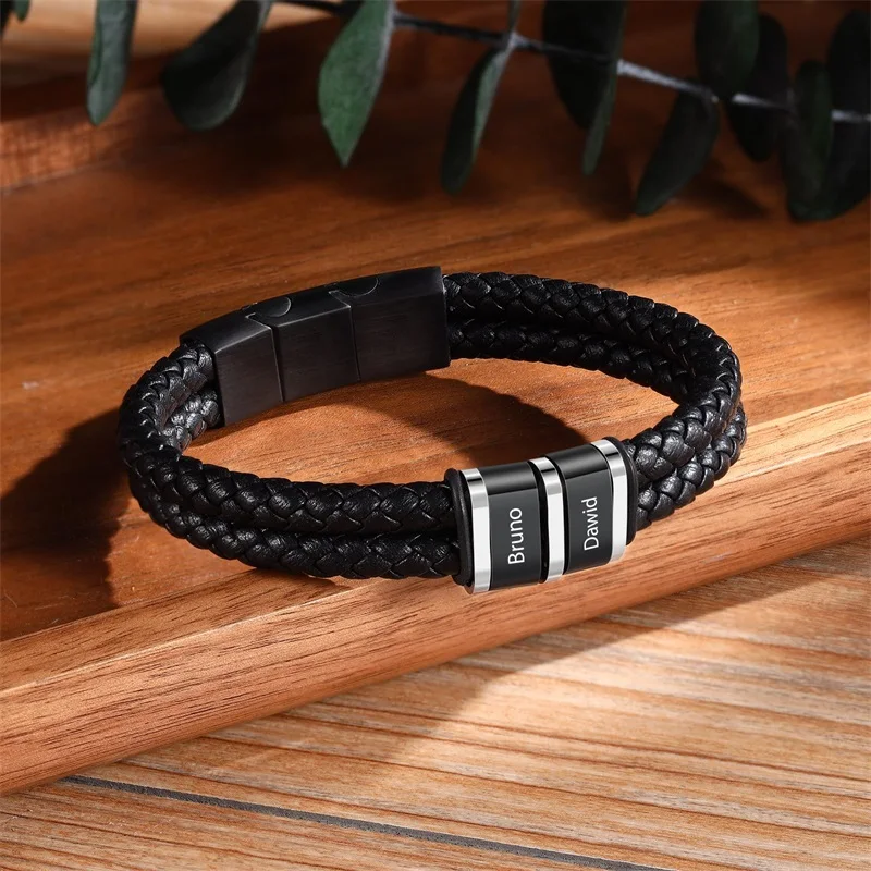 Custom Name Bracelets for Men Personalized Leather Bracelet with 1-5 Family Names Customized Gifts Jewelry for Dad Husband Son thumbnail 5