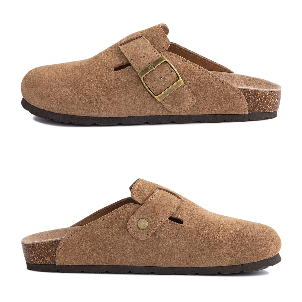 Kidmi Men's Suede Clogs Cork Footbed Clogs for Women Soft Leather Adjustable Buckle Slip-on Potato Shoes Sandals Beach Slippers