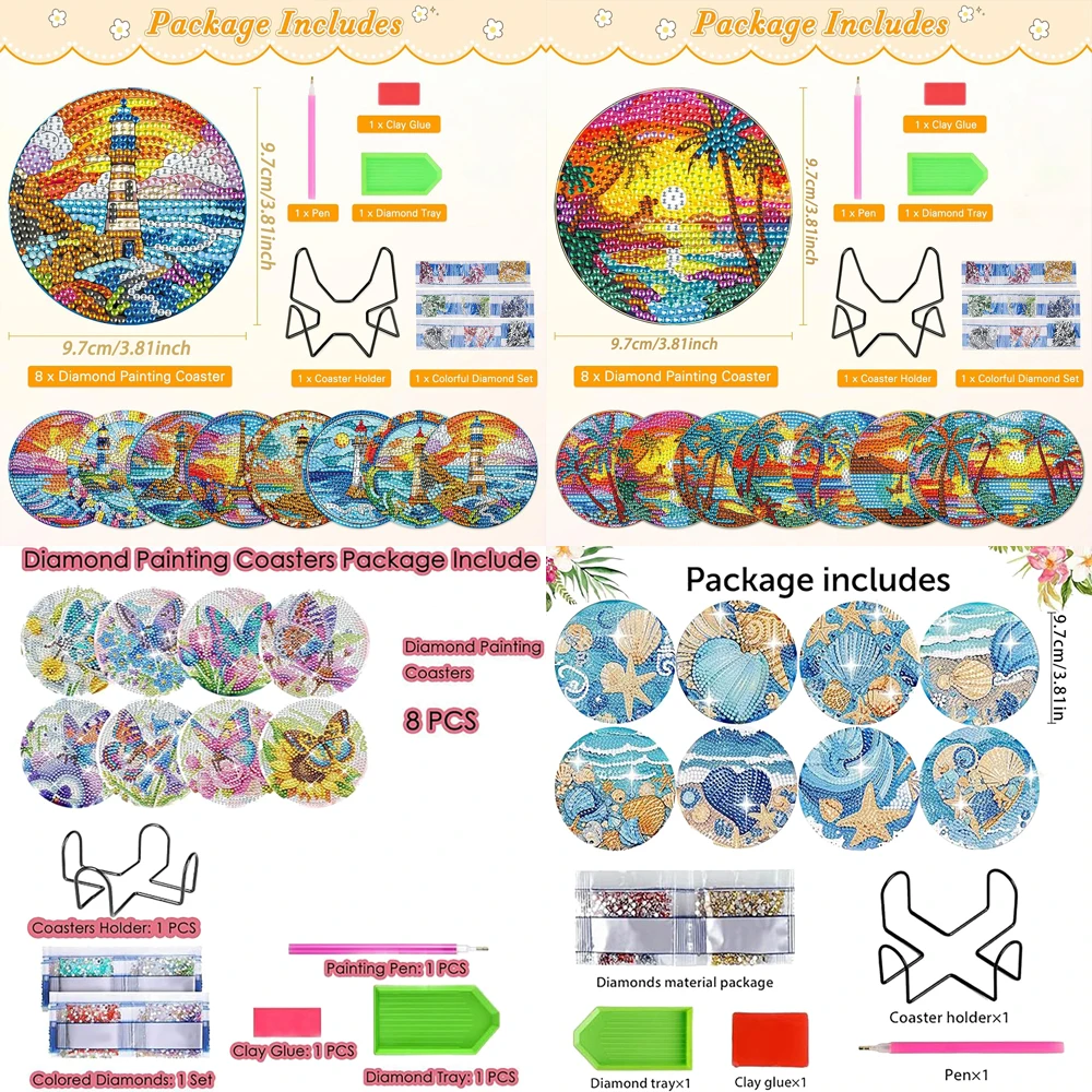 8 pieces/set DIY Diamond Painted Art Seaside Landscape Painting Coaster with Bracket Kit, Beverage Insulation Diamond Coaster Su thumbnail 2