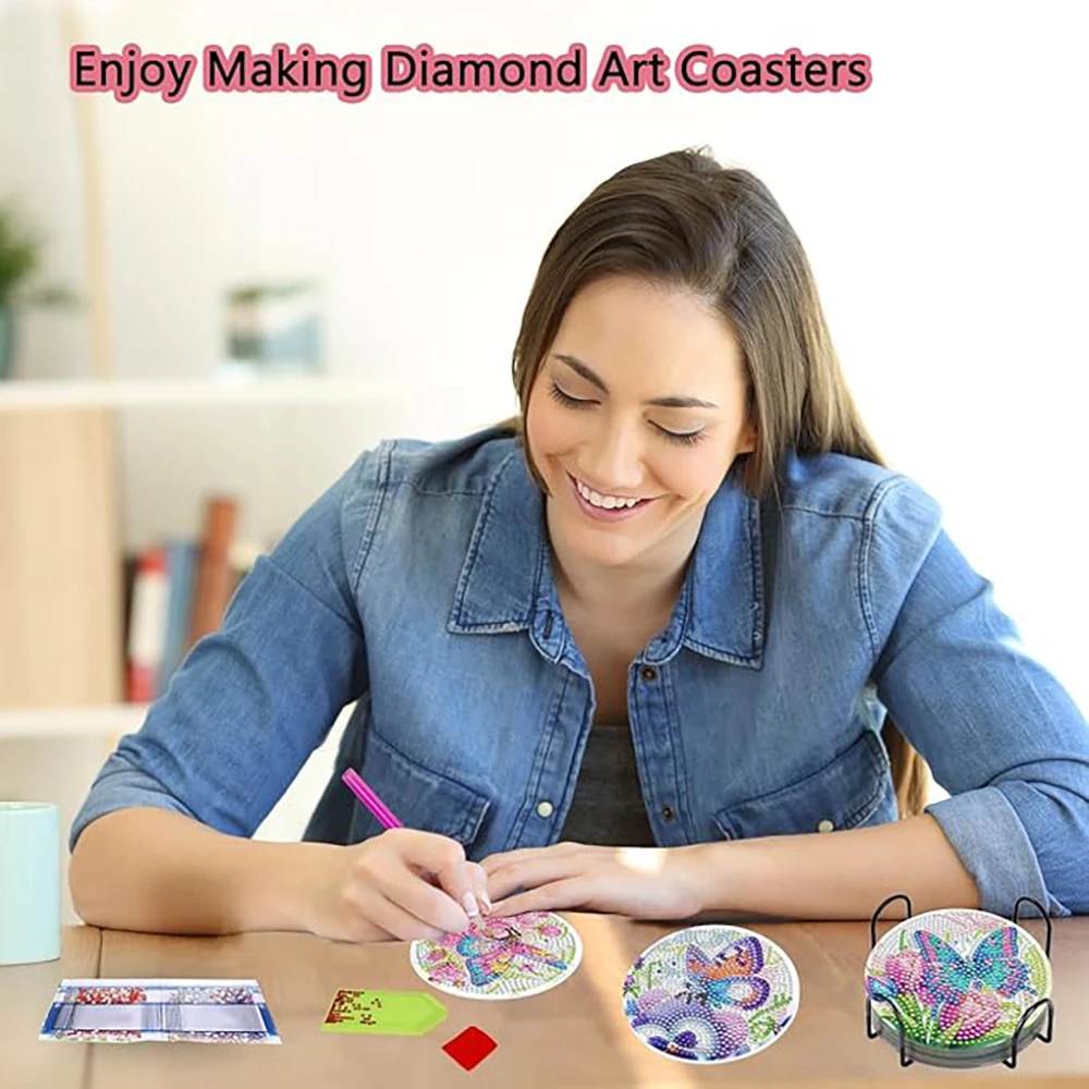 8 pieces/set DIY Diamond Painted Art Seaside Landscape Painting Coaster with Bracket Kit, Beverage Insulation Diamond Coaster Su thumbnail 5
