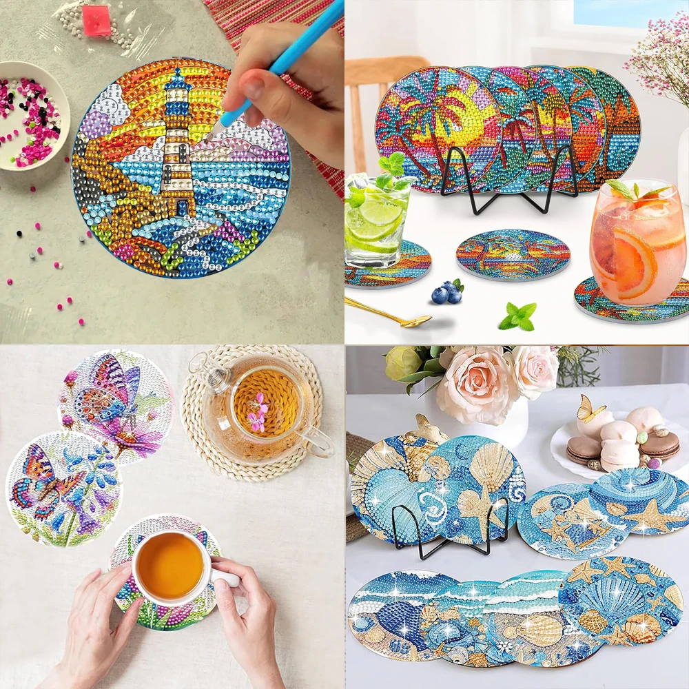 8 pieces/set DIY Diamond Painted Art Seaside Landscape Painting Coaster with Bracket Kit, Beverage Insulation Diamond Coaster Su thumbnail 3