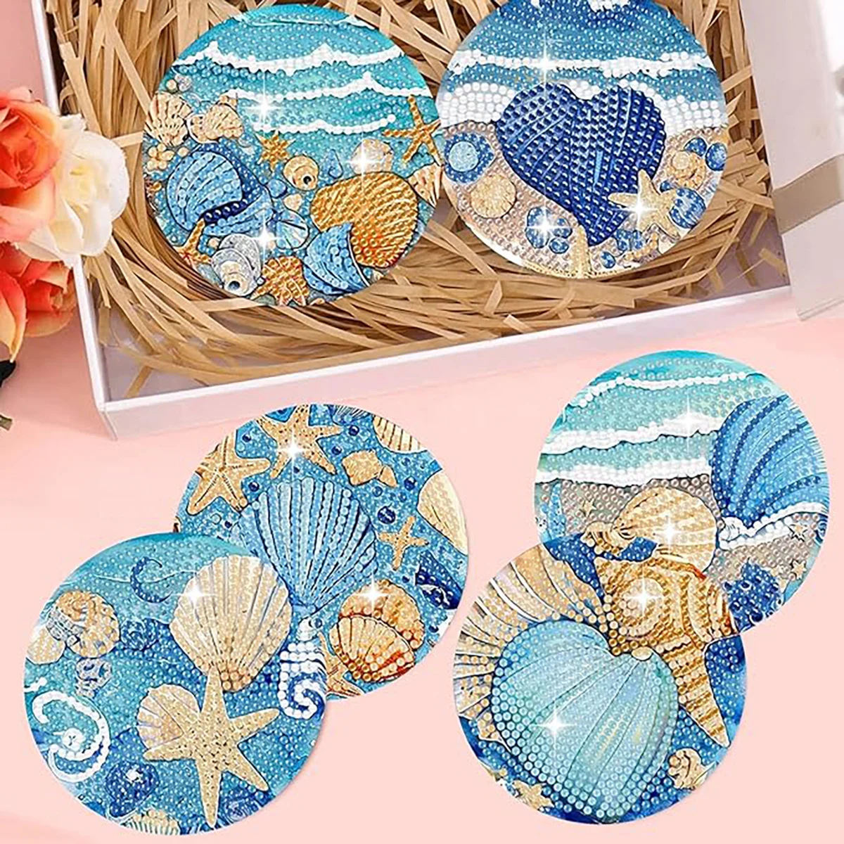 8 pieces/set DIY Diamond Painted Art Seaside Landscape Painting Coaster with Bracket Kit, Beverage Insulation Diamond Coaster Su thumbnail 4