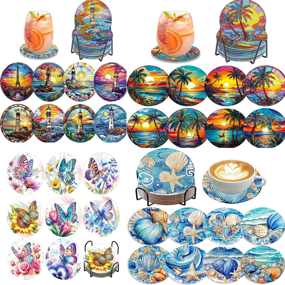 8 pieces/set DIY Diamond Painted Art Seaside Landscape Painting Coaster with Bracket Kit, Beverage Insulation Diamond Coaster Su