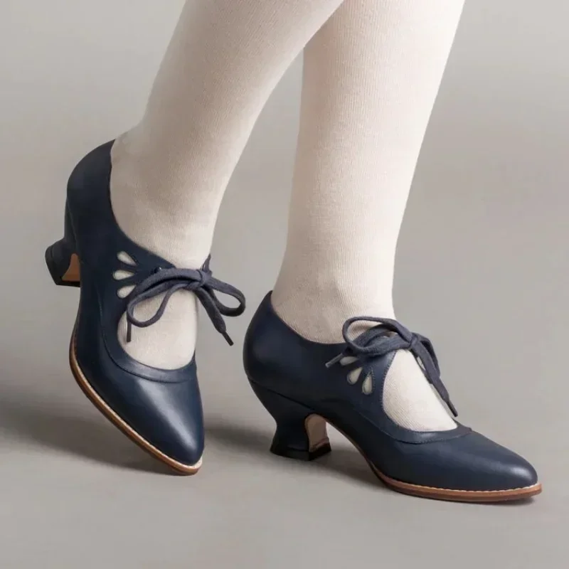 Retro Jane Pumps Woman Vintage Lace Up Low Heel Dress Zapatos Ladies Brand Design Butterfly Wing Derby Shoes Plus Size thumbnail 2