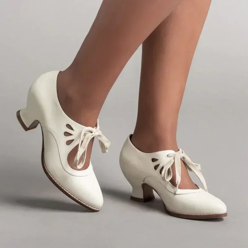 Retro Jane Pumps Woman Vintage Lace Up Low Heel Dress Zapatos Ladies Brand Design Butterfly Wing Derby Shoes Plus Size thumbnail 3