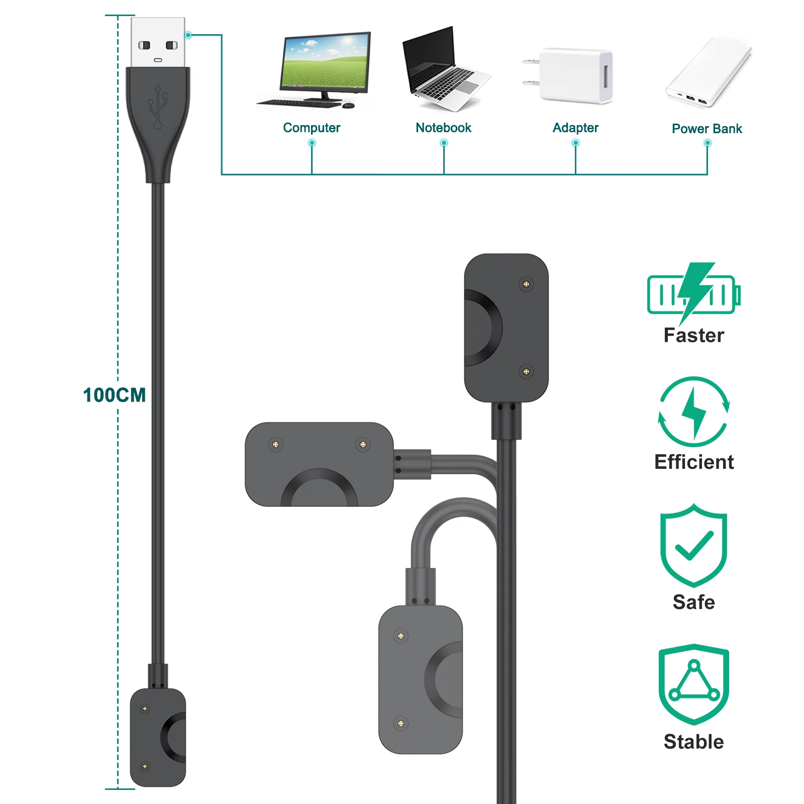100CM USB Charger For Samsung Galaxy Fit 3 Adapter Magnetic Charging Cable Cord For Samsung Galaxy Fit 3 Smartwatch Accessories thumbnail 2