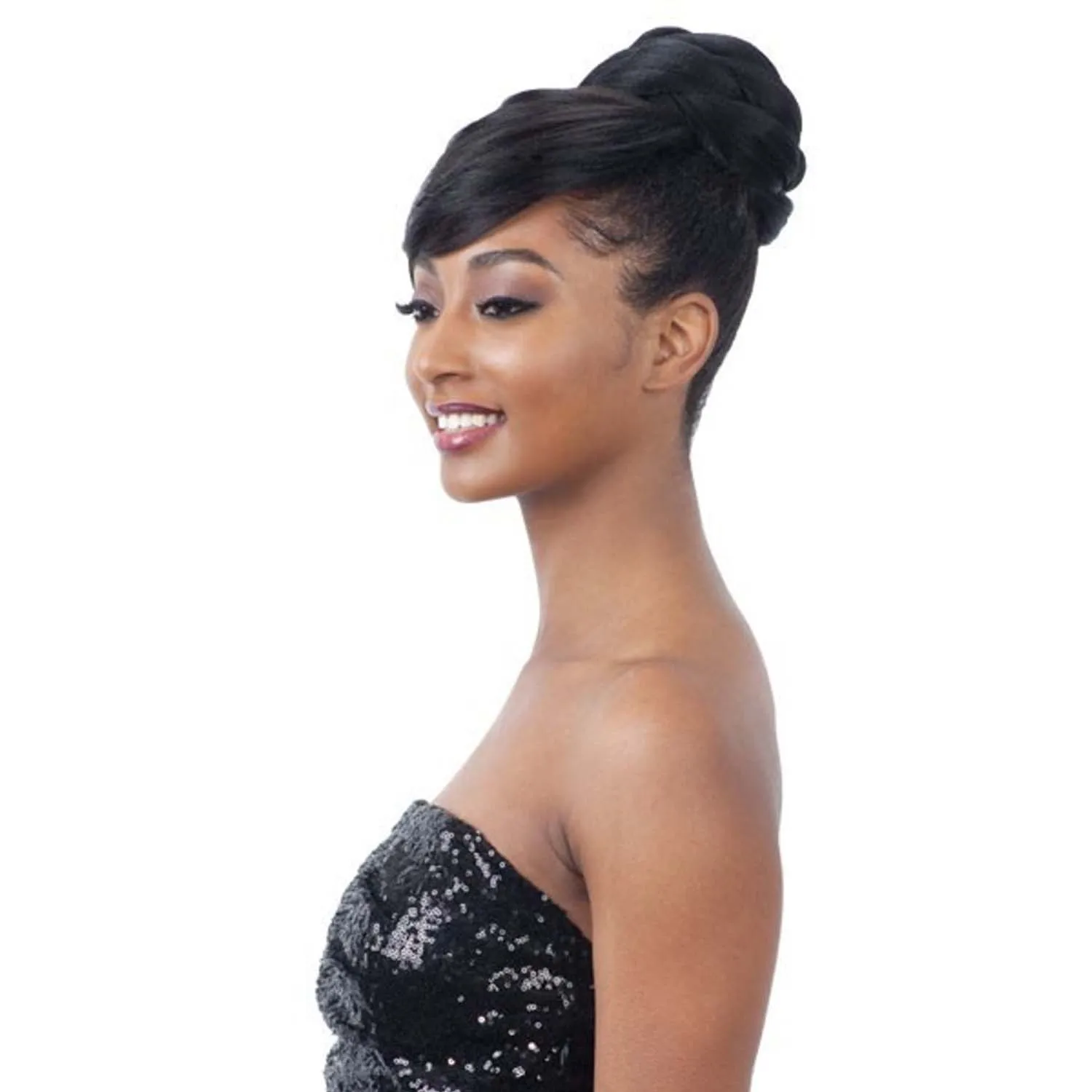 Synthetic Hair Braided Bang & Bun, Black Quick Chignon Bun with Bangs Clip in Hair Piece Fringe Clip on Hair Bun Hair Extension