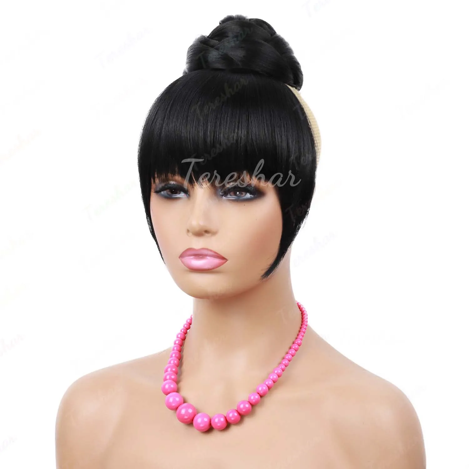 Synthetic Hair Braided Bang & Bun, Black Quick Chignon Bun with Bangs Clip in Hair Piece Fringe Clip on Hair Bun Hair Extension thumbnail 6