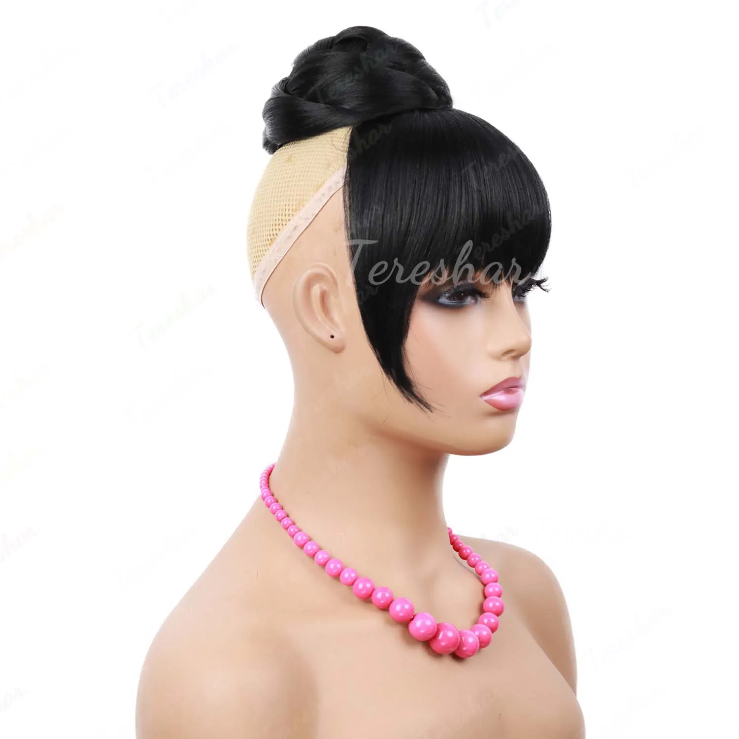 Synthetic Hair Braided Bang & Bun, Black Quick Chignon Bun with Bangs Clip in Hair Piece Fringe Clip on Hair Bun Hair Extension thumbnail 5